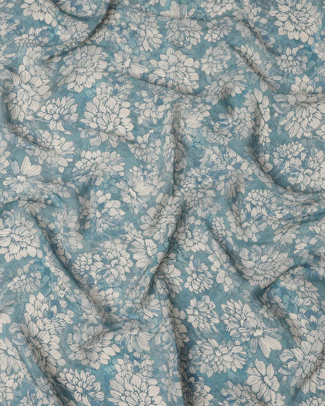 Teal Blue White Floral Printed Viscose Crepe Fabric with Hand-Illustrated Bloom Design, Width 110 cm, Made in India-D23416 Regal Fabrics