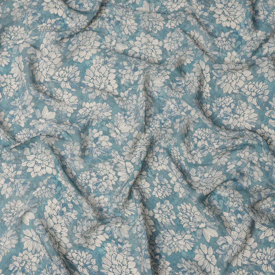 Teal Blue White Floral Printed Viscose Crepe Fabric with Hand-Illustrated Bloom Design, Width 110 cm, Made in India-D23416 Regal Fabrics