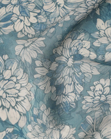 Teal Blue White Floral Printed Viscose Crepe Fabric with Hand-Illustrated Bloom Design, Width 110 cm, Made in India-D23416 Regal Fabrics