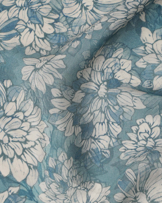 Teal Blue White Floral Printed Viscose Crepe Fabric with Hand-Illustrated Bloom Design, Width 110 cm, Made in India-D23416 Regal Fabrics