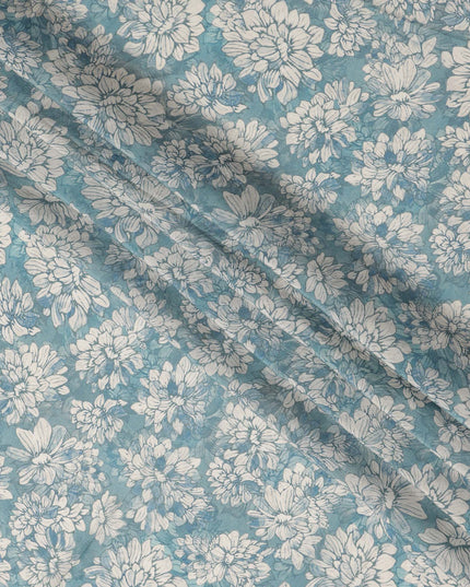 Teal Blue White Floral Printed Viscose Crepe Fabric with Hand-Illustrated Bloom Design, Width 110 cm, Made in India-D23416 Regal Fabrics