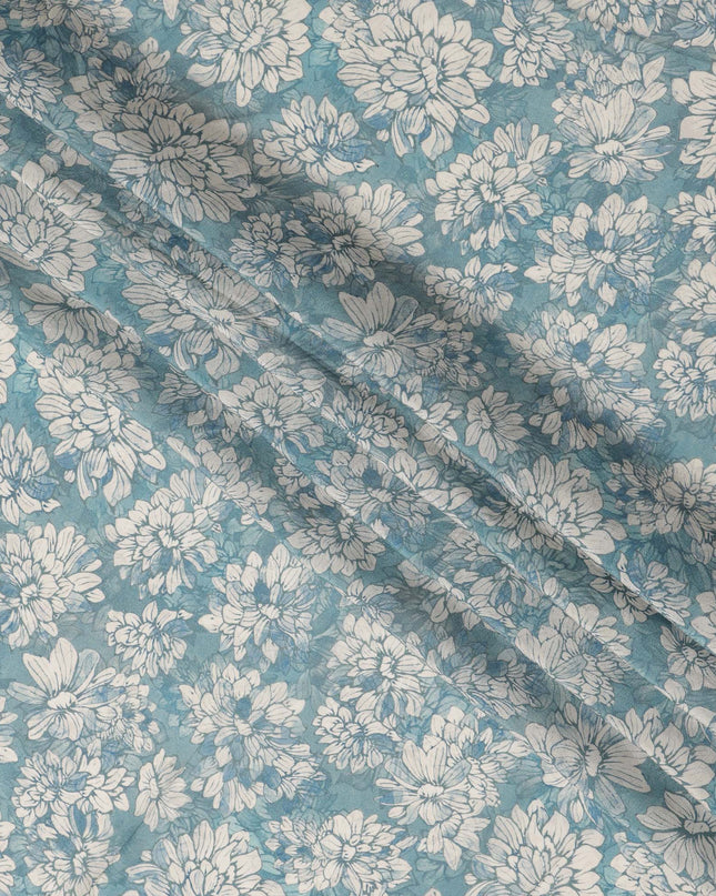 Teal Blue White Floral Printed Viscose Crepe Fabric with Hand-Illustrated Bloom Design, Width 110 cm, Made in India-D23416 Regal Fabrics