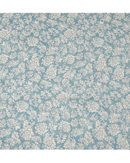 Teal Blue White Floral Printed Viscose Crepe Fabric with Hand-Illustrated Bloom Design, Width 110 cm, Made in India-D23416 Regal Fabrics