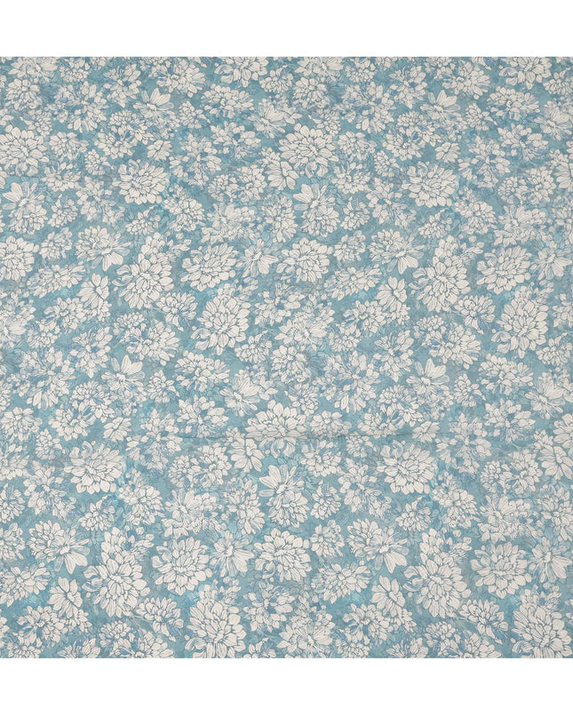 Teal Blue White Floral Printed Viscose Crepe Fabric with Hand-Illustrated Bloom Design, Width 110 cm, Made in India-D23416 Regal Fabrics