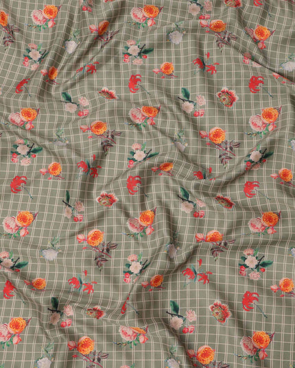 Olive Green Checked Floral Printed Cotton Lawn Fabric, 110 Cms Width, Made in India-D23534 - Regal Fabrics