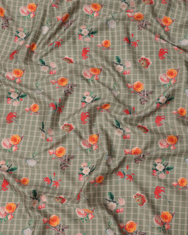Olive Green Checked Floral Printed Cotton Lawn Fabric, 110 Cms Width, Made in India-D23534