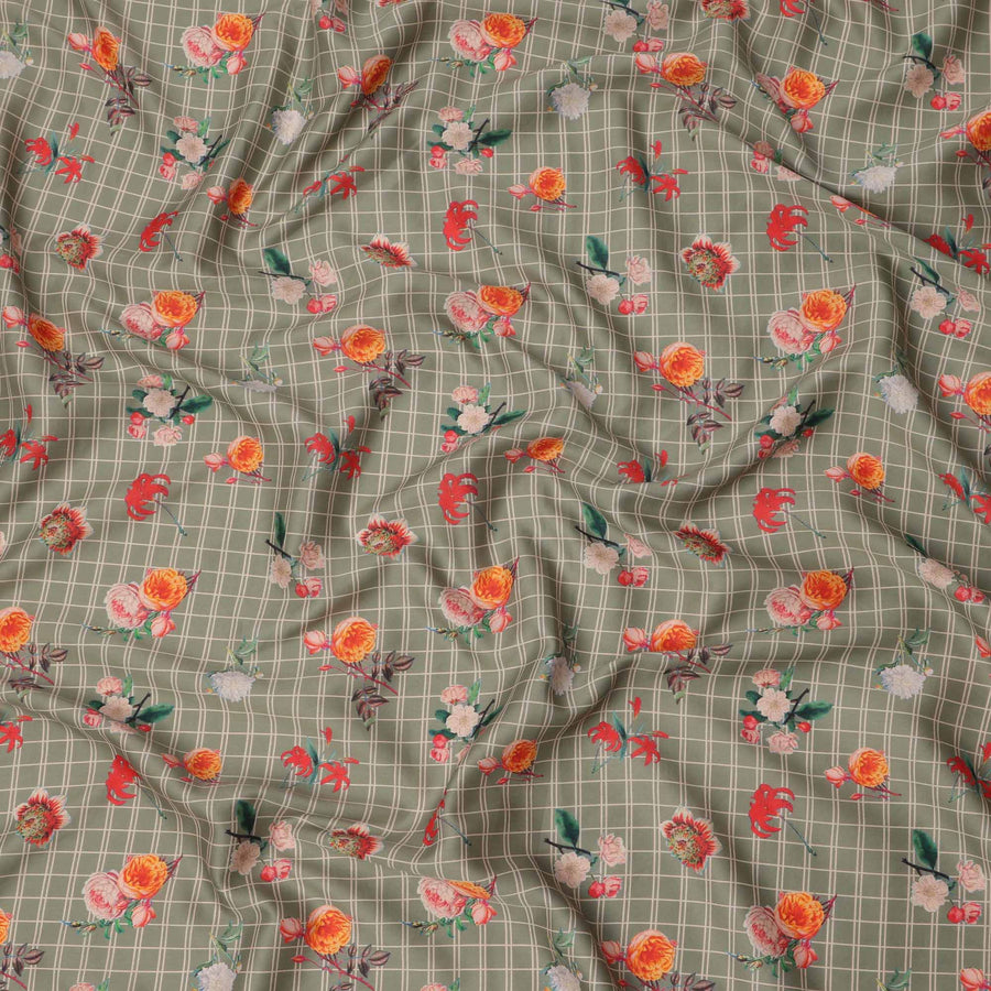 Olive Green Checked Floral Printed Cotton Lawn Fabric, 110 Cms Width, Made in India-D23534 - Regal Fabrics
