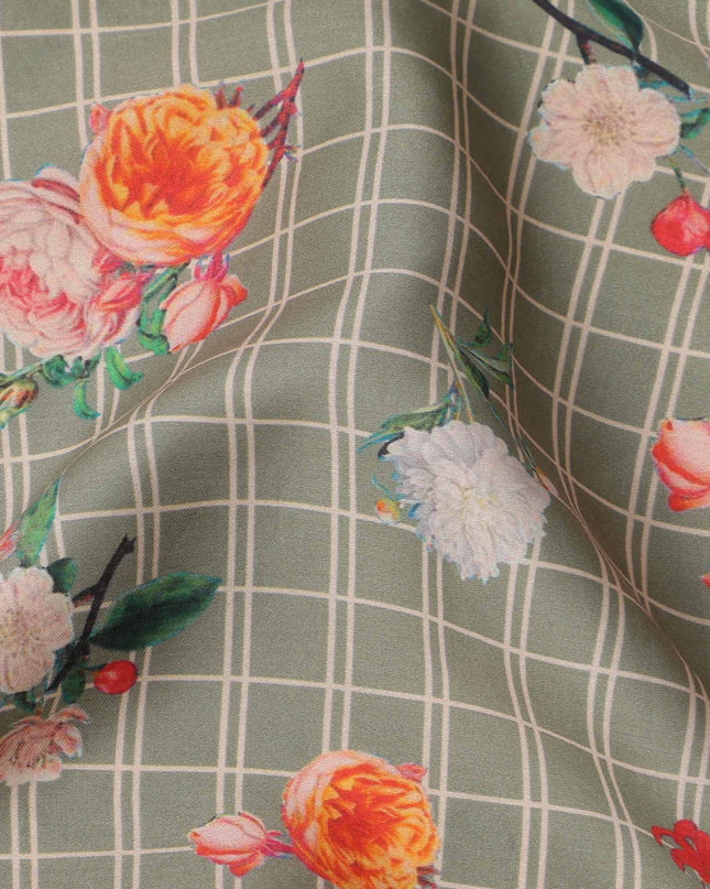 Olive Green Checked Floral Printed Cotton Lawn Fabric, 110 Cms Width, Made in India-D23534