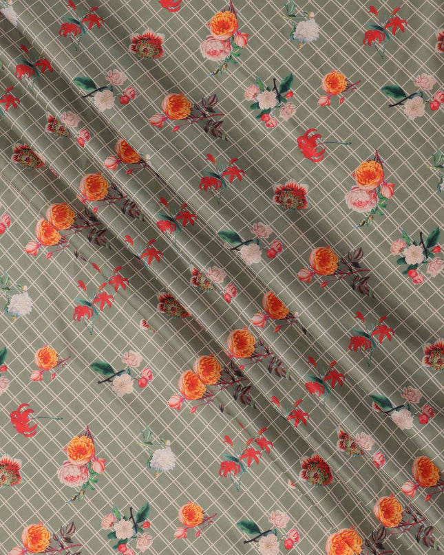 Olive Green Checked Floral Printed Cotton Lawn Fabric, 110 Cms Width, Made in India-D23534