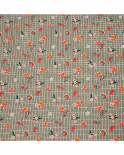 Olive Green Checked Floral Printed Cotton Lawn Fabric, 110 Cms Width, Made in India-D23534 - Regal Fabrics