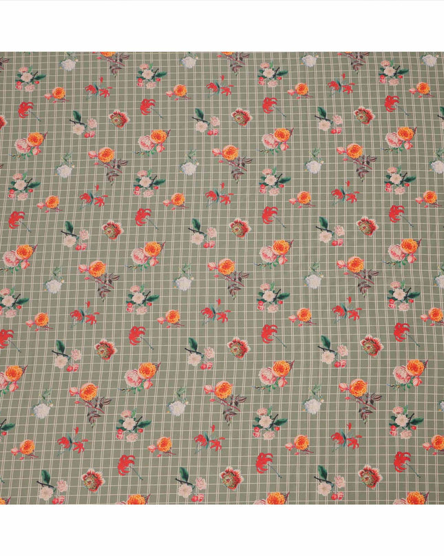 Olive Green Checked Floral Printed Cotton Lawn Fabric, 110 Cms Width, Made in India-D23534