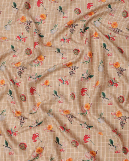 Beige Checked Floral Printed Cotton Lawn Fabric, 110 Cms Width, Made in India-D23535 - Regal Fabrics