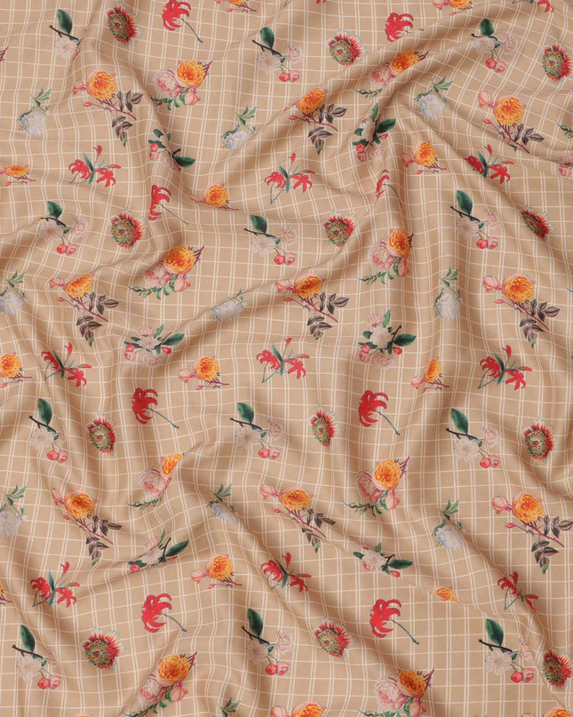 Beige Checked Floral Printed Cotton Lawn Fabric, 110 Cms Width, Made in India-D23535