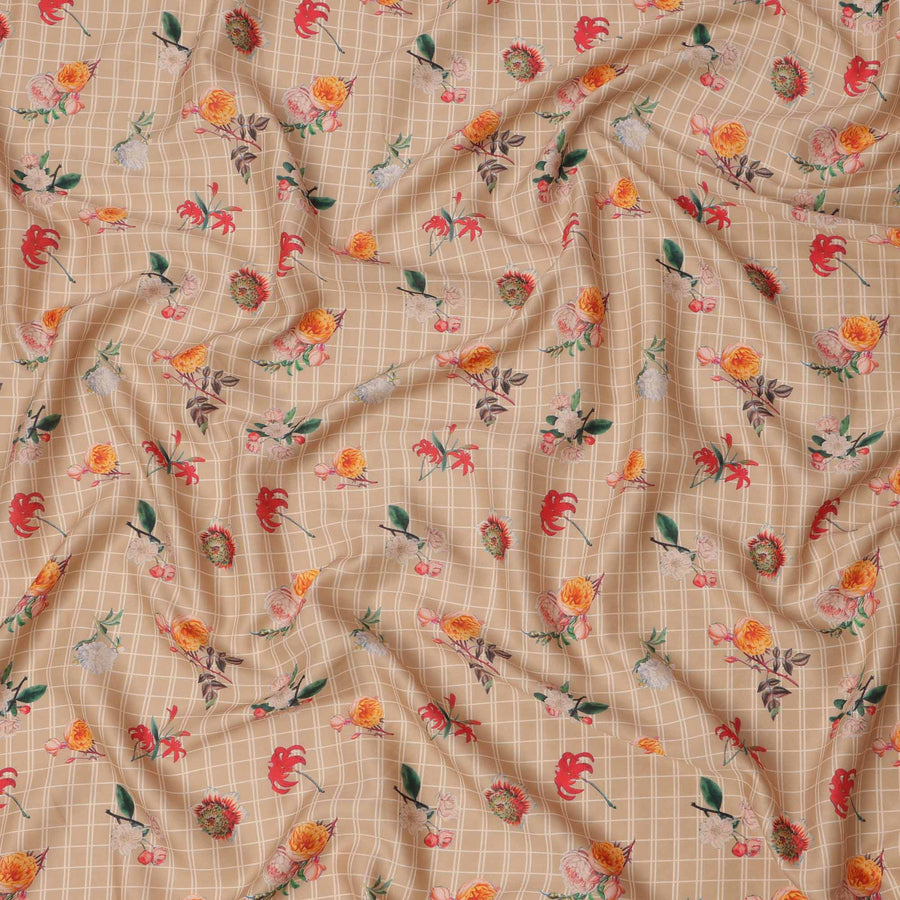 Beige Checked Floral Printed Cotton Lawn Fabric, 110 Cms Width, Made in India-D23535 - Regal Fabrics