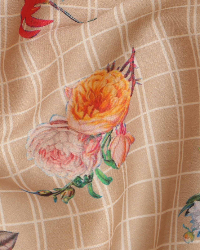 Beige Checked Floral Printed Cotton Lawn Fabric, 110 Cms Width, Made in India-D23535