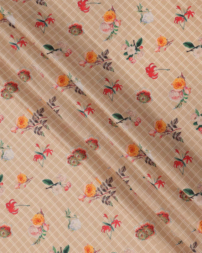 Beige Checked Floral Printed Cotton Lawn Fabric, 110 Cms Width, Made in India-D23535