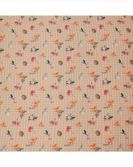 Beige Checked Floral Printed Cotton Lawn Fabric, 110 Cms Width, Made in India-D23535 - Regal Fabrics