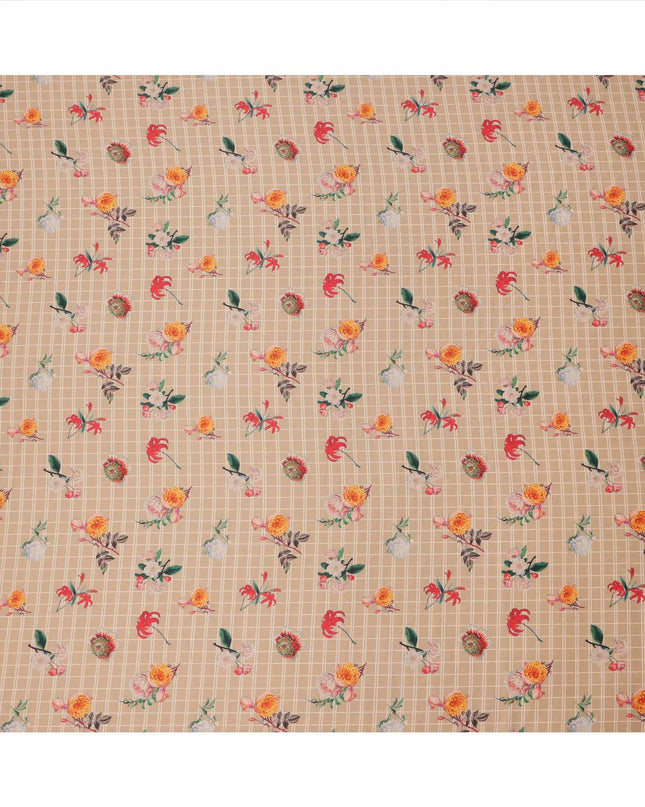 Beige Checked Floral Printed Cotton Lawn Fabric, 110 Cms Width, Made in India-D23535