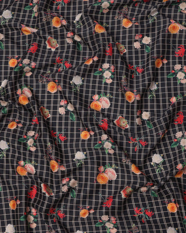 Black Checked Floral Printed Cotton Lawn Fabric, 110 Cms Width, Made in India-D23536