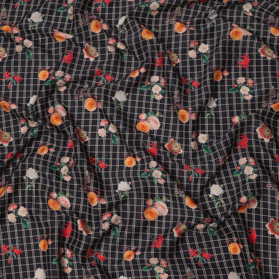 قماش قطني أسود منقوش بنقشة زهور، عرض 110 سم، صنع في الهند - D23536