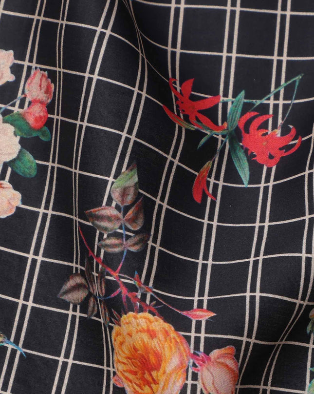 Black Checked Floral Printed Cotton Lawn Fabric, 110 Cms Width, Made in India-D23536
