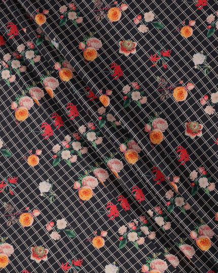 قماش قطني أسود منقوش بنقشة زهور، عرض 110 سم، صنع في الهند - D23536