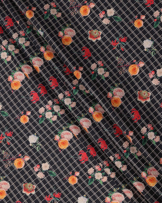 Black Checked Floral Printed Cotton Lawn Fabric, 110 Cms Width, Made in India-D23536