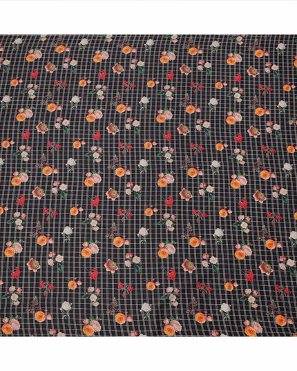 قماش قطني أسود منقوش بنقشة زهور، عرض 110 سم، صنع في الهند - D23536