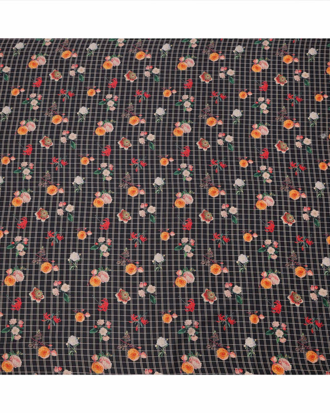 Black Checked Floral Printed Cotton Lawn Fabric, 110 Cms Width, Made in India-D23536