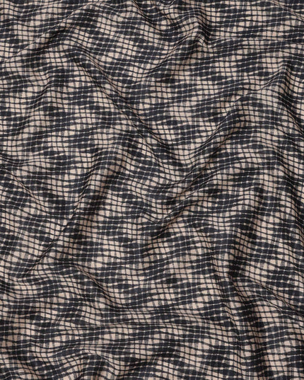 Beige and Black Abstract Checked Printed Cotton Lawn Fabric, 110 Cms Width, Made in India-D23537 - Regal Fabrics