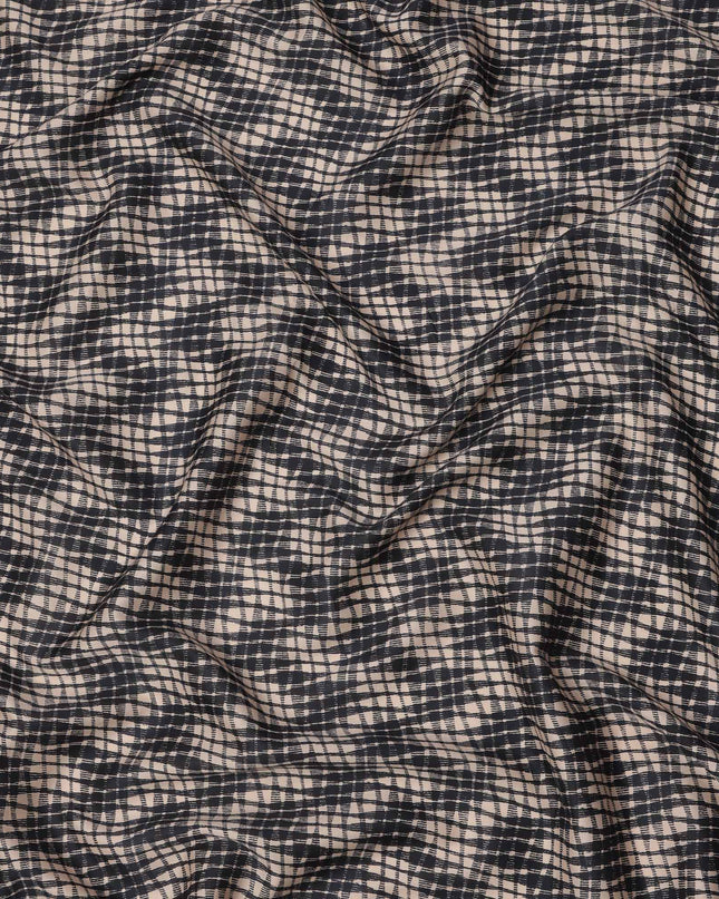 Beige and Black Abstract Checked Printed Cotton Lawn Fabric, 110 Cms Width, Made in India-D23537