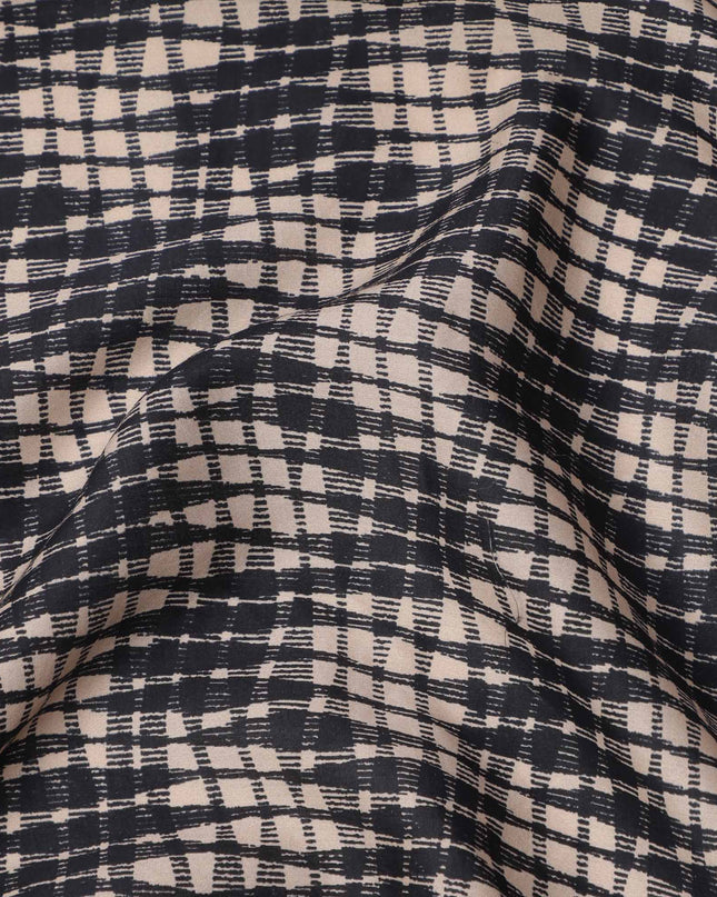 Beige and Black Abstract Checked Printed Cotton Lawn Fabric, 110 Cms Width, Made in India-D23537