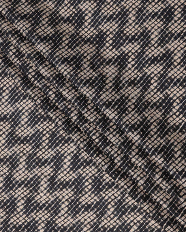 Beige and Black Abstract Checked Printed Cotton Lawn Fabric, 110 Cms Width, Made in India-D23537