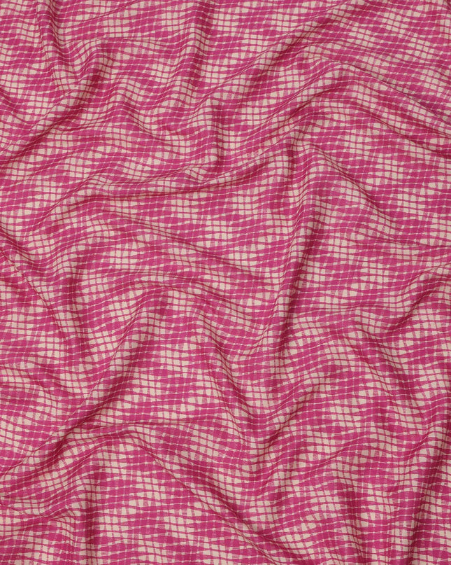 Magenta and Beige Abstract Checked Printed Cotton Lawn Fabric, 110 Cms Width, Made in India-D23538