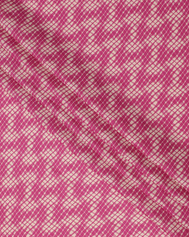 Magenta and Beige Abstract Checked Printed Cotton Lawn Fabric, 110 Cms Width, Made in India-D23538