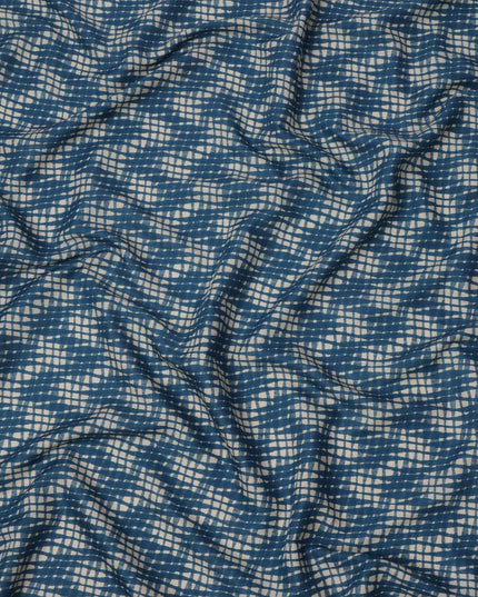 Navy Blue and Beige Abstract Checked Printed Cotton Lawn Fabric, 110 Cms Width, Made in India-D23539 - Regal Fabrics