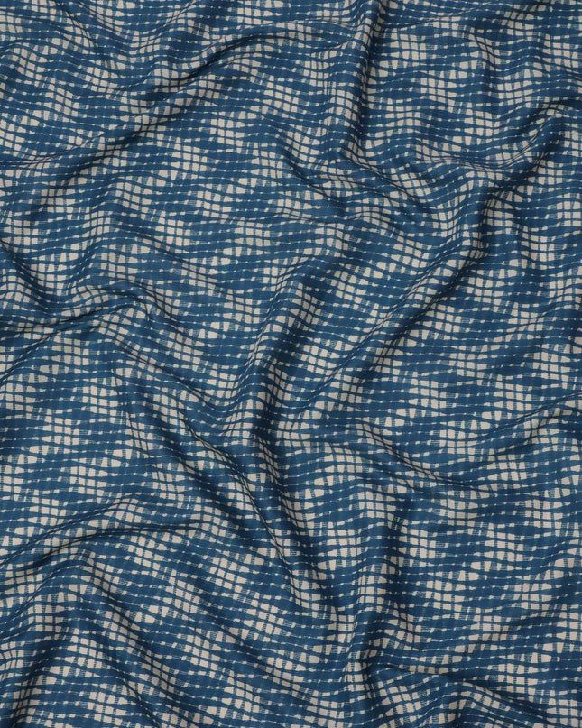 Navy Blue and Beige Abstract Checked Printed Cotton Lawn Fabric, 110 Cms Width, Made in India-D23539