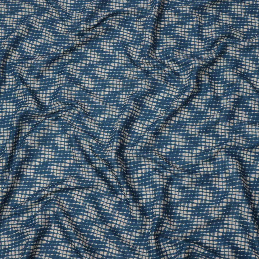 Navy Blue and Beige Abstract Checked Printed Cotton Lawn Fabric, 110 Cms Width, Made in India-D23539 - Regal Fabrics