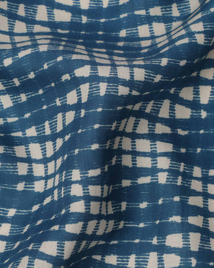 Navy Blue and Beige Abstract Checked Printed Cotton Lawn Fabric, 110 Cms Width, Made in India-D23539 - Regal Fabrics