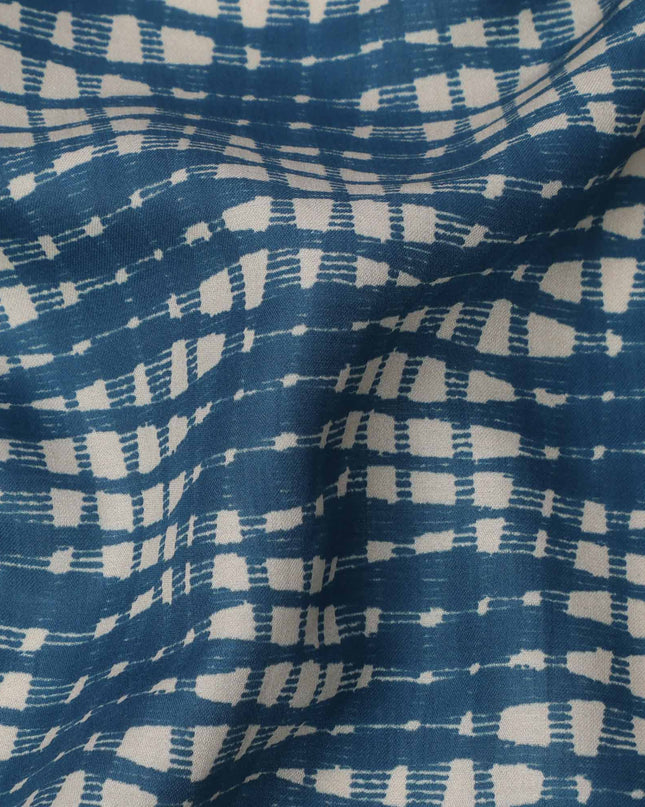 Navy Blue and Beige Abstract Checked Printed Cotton Lawn Fabric, 110 Cms Width, Made in India-D23539