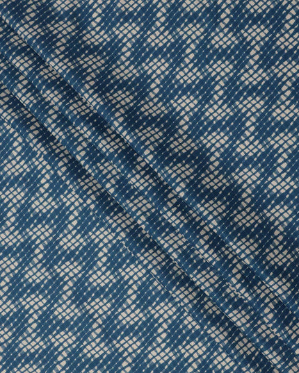 Navy Blue and Beige Abstract Checked Printed Cotton Lawn Fabric, 110 Cms Width, Made in India-D23539 - Regal Fabrics