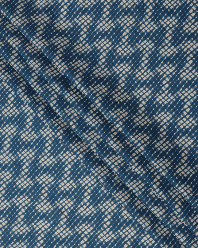 Navy Blue and Beige Abstract Checked Printed Cotton Lawn Fabric, 110 Cms Width, Made in India-D23539