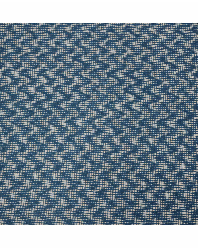 Navy Blue and Beige Abstract Checked Printed Cotton Lawn Fabric, 110 Cms Width, Made in India-D23539