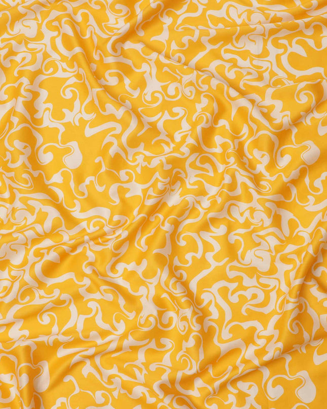 Yellow and White Abstract Swirl Printed Cotton Lawn Fabric, 110 Cms Width, Made in India-D23541