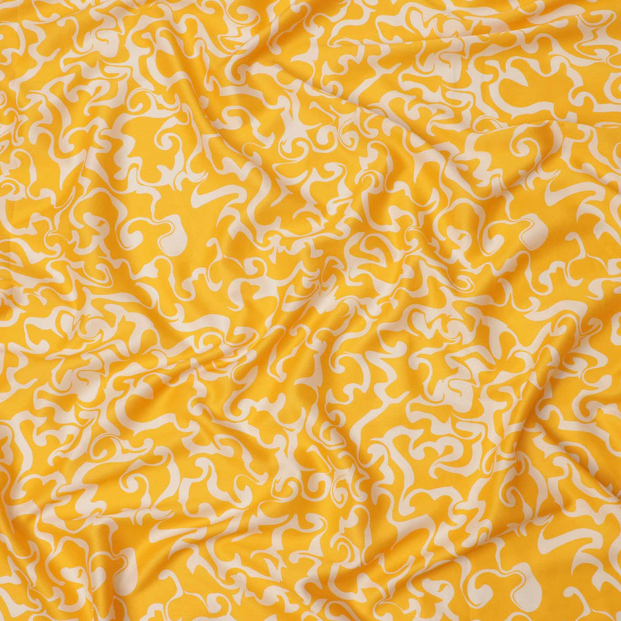 Yellow and White Abstract Swirl Printed Cotton Lawn Fabric, 110 Cms Width, Made in India-D23541 Regal Fabrics