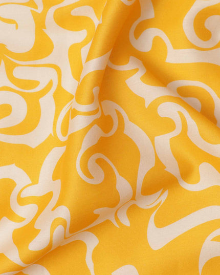 Yellow and White Abstract Swirl Printed Cotton Lawn Fabric, 110 Cms Width, Made in India-D23541 Regal Fabrics