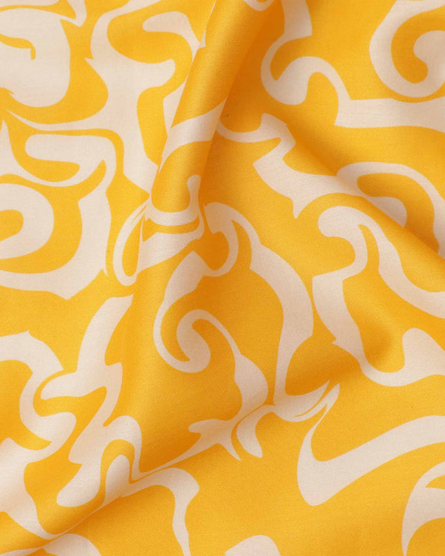 Yellow and White Abstract Swirl Printed Cotton Lawn Fabric, 110 Cms Width, Made in India-D23541