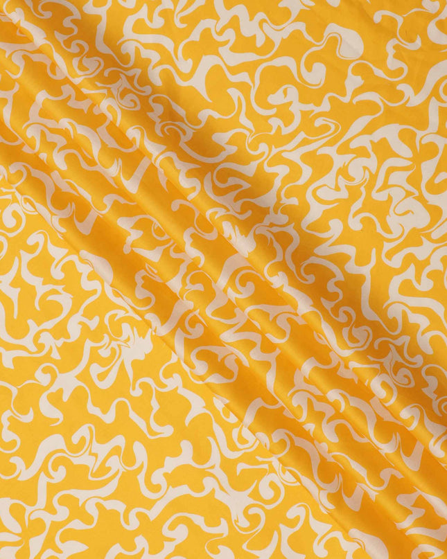 Yellow and White Abstract Swirl Printed Cotton Lawn Fabric, 110 Cms Width, Made in India-D23541