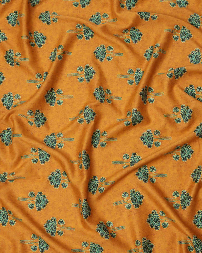 Mustard Yellow with Green Floral Buti Printed Cotton Lawn Fabric, 110 Cms Width, Made in India-D23543