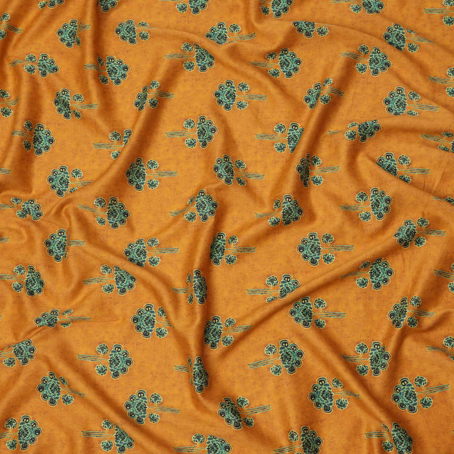 Mustard Yellow with Green Floral Buti Printed Cotton Lawn Fabric, 110 Cms Width, Made in India-D23543 Regal Fabrics